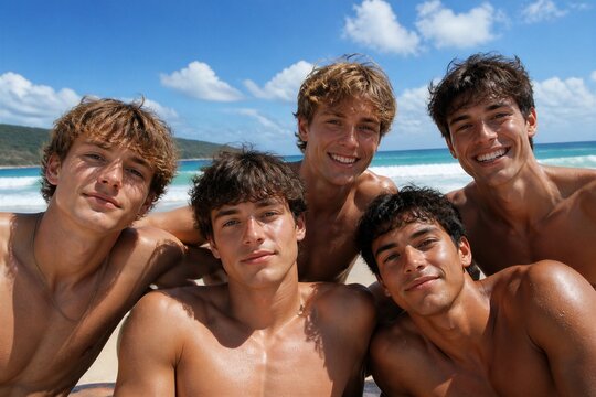Five young men smile at the camera on a sunny beach. Their wet skin shows sun and sea spray. They lean close, displaying camaraderie and joy. The bright sky and ocean provide a vibrant backdrop