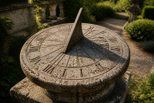 Ancient stone sundial rests in sunlit garden. Roman numerals mark hours with shadowed precision. Garden path fades into greenery behind the dial. Stone surface shows age and weathered elegance