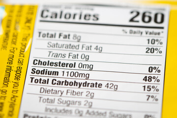 Nutrition facts label on a packaged instant noodle ramen, highlighting high sodium content.