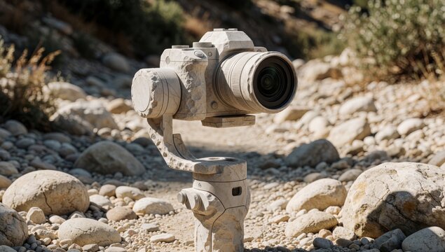 Camera mounted top tripod rocky ground dslr large lens attached made concrete has unique design curved arm sma