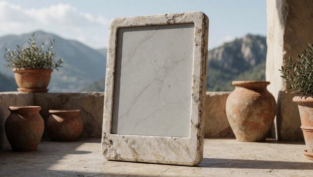 Old rectangular frame white marble-like texture placed stone surface mountains background there several potted
