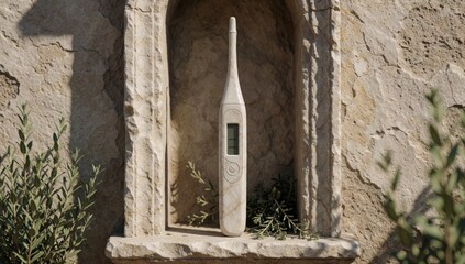 Fototapeta premium Digital thermometer stone wall white color has long handle pointed tip placed small window sill plant next mad