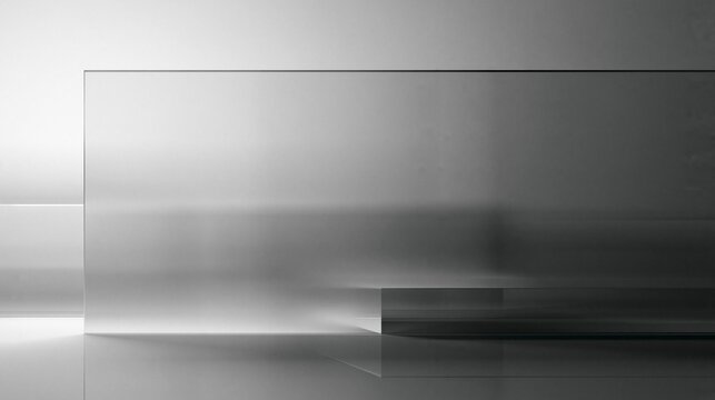 Black and white photograph of a modern abstract composition. the background is a plain white wall with a rectangular shape in the center.