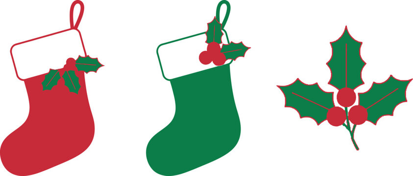 A minimalist digital illustration featuring a classic red Christmas stocking, a matching green Christmas stocking, and a festive sprig of holly with bright red berries