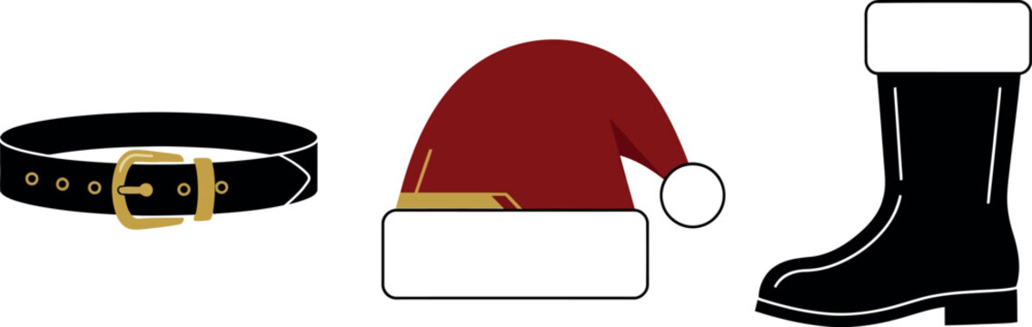 A minimalist digital illustration featuring a classic black leather belt, a festive red Santa Claus hat, and a sturdy black winter boot on white background.