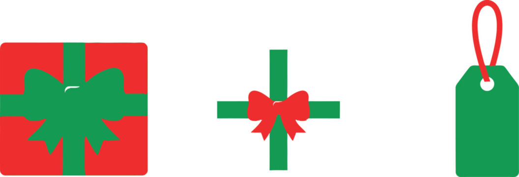 A minimalist flat illustration featuring a red gift box with a green ribbon, a green ribbon cross with a red bow, and a green price tag.