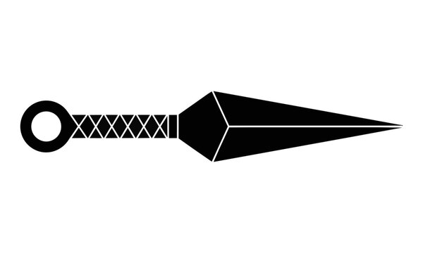 Minimalist black silhouette of a traditional Japanese kunai throwing knife with a ring pommel isolated on a white background, ninja weapon concept
