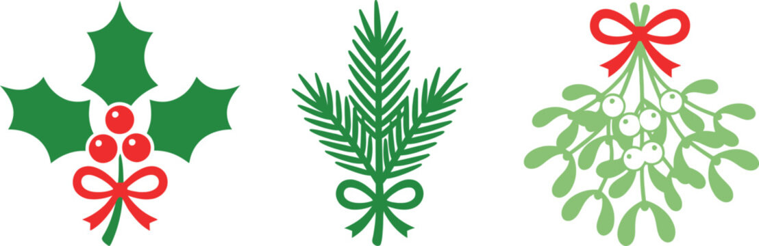 A minimalist set of festive Christmas icons featuring stylized holly leaves with red berries, a sprig of pine needles, and a bundle of hanging mistletoe.