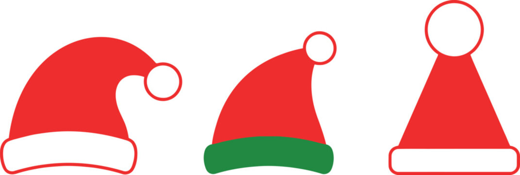 A set of three distinct minimalist Santa Claus hat illustrations featuring varying shapes and colors isolated against a clean, plain white background for festive designs