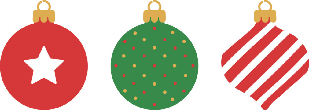 A set of three stylized Christmas tree ornaments featuring a red star ball, a green polka dot bauble, and a red striped diamond shape ornament design.