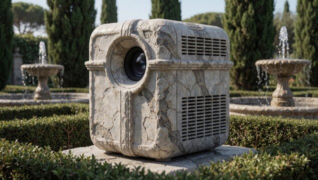 Small square-shaped object camera lens top appears made stone concrete has textured surface placed pedestal ce
