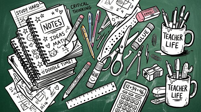 Back to school stationery doodle on green chalkboard with teacher mugs and notebooks for first day of fall semester.