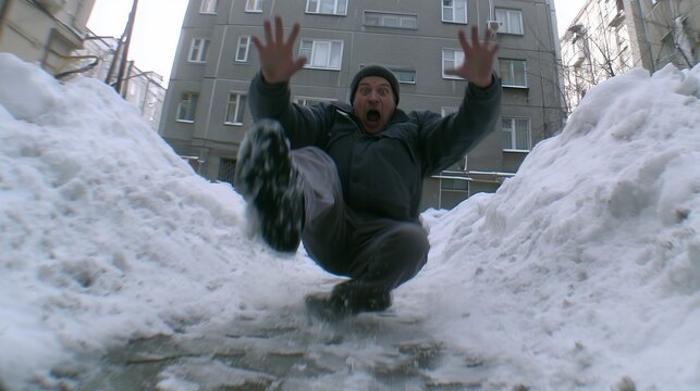 Person falling on icy sidewalk in winter during snow cleanup in urban area
