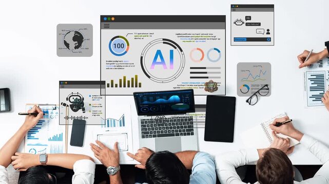 Collaborative data analysis session showcasing artificial intelligence with charts, graphs, and digital interface in a modern workspace environment Gluon.
