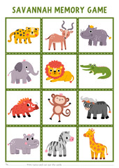 Naklejka premium Vector safari animals memory game cards with cute elephant, lion, crocodile, giraffe. African savanna matching activity. Remember and find correct card. Savannah printable worksheet for kids