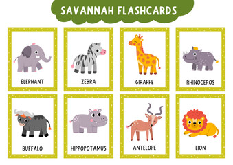 Naklejka premium Vector safari animals flash cards set with lion, giraffe, zebra, elephant. English language game for kids. African savannah flashcards. Savanna nature educational printable worksheet with antelope