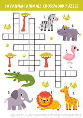 Naklejka premium Vector safari animals crossword puzzle for kids. African savannah quiz with elephant, lion, giraffe. Cute wildlife savanna nature educational cross word activity with zebra, crocodile, flamingo