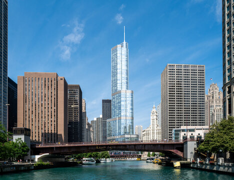 Trump Tower rises above the Chicago skyline, an example of a sitting president retaining ownership of private commercial real estate, Chicago, Illinois, [Month] 2026.