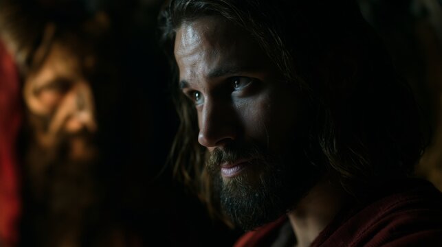 Jesus talks to his followers while seated in a dimly lit setting during the first century in Judea