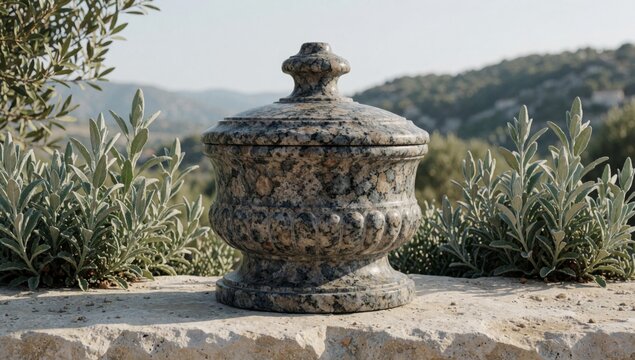 Old weathered stone urn lid top sitting surface mountainous landscape background appears has rough texture are