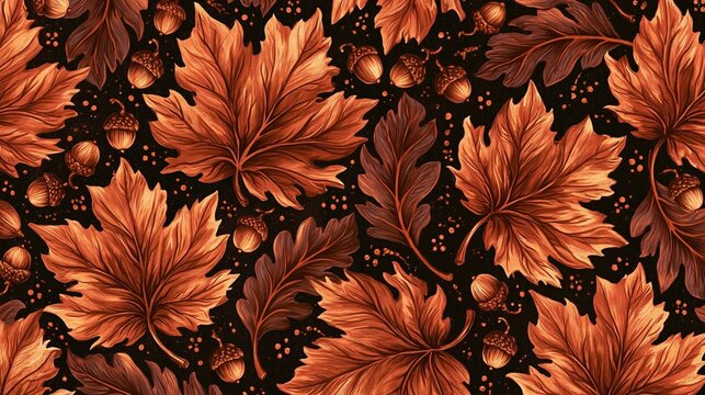 Seamless pattern of orange maple leaves and acorns on a dark brown background. the leaves are arranged in a repeating pattern, with some overlapping each other.