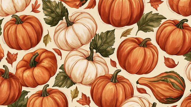 Seamless pattern of orange pumpkins and leaves on a beige background. the pumpkins are of different sizes and shapes, with some being larger and others smaller.