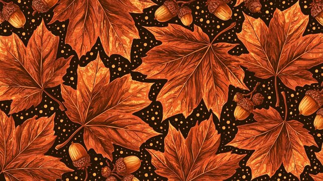 Seamless pattern of orange maple leaves and acorns on a black background with small white polka dots. the leaves are arranged in a scattered manner, with some overlapping each other.