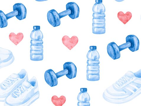 水彩風のダンベルやスニーカーが並ぶ爽やかなフィットネス＆健康の総柄背景イラスト