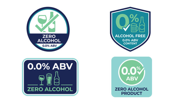 Zero alcohol badge set, non alcoholic drink label, 0.0% ABV icon collection, alcohol free product symbol, beverage vector design