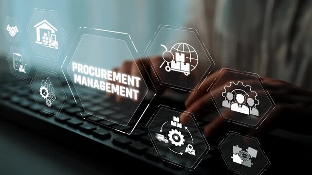 Professional Hands Typing on a Keyboard with Icons Illustrating Procurement Management and Supply Chain Concepts for Business Success Sigmoid