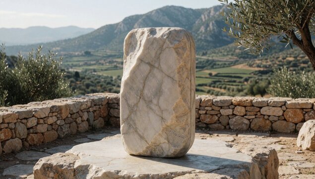 Large stone pillar standing platform valley mountains background appears made light-colored rough texture crac