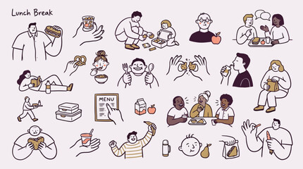 Obraz premium Hand-drawn lunch break vector set, diverse people eating food and snacks, minimalist line art characters dining together