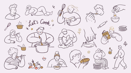 Obraz premium Hand drawn cooking icons set, minimalist line art people preparing food, culinary hobby vector illustrations for recipe books