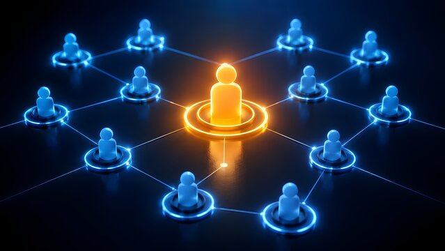 Glowing orange central figure in a digital network of connected blue nodes representing corporate leadership communication and team organizational structure
