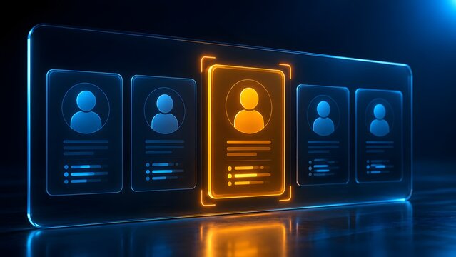 Futuristic digital interface showing user profile cards with one highlighted glowing orange candidate representing talent acquisition and HR recruitment software