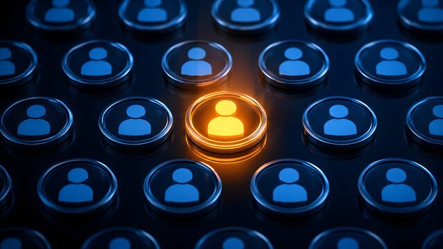 Grid of metallic user avatar tokens with one glowing orange icon in the center representing target audience segmentation and specific talent search