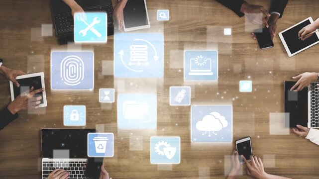Data recovery icons show backup, data recovery process, and secure restoration. Data recovery ensures system reliability, data recovery protection, and information access. Funnel