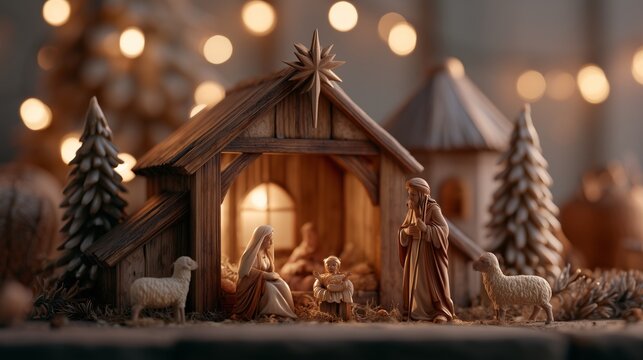 Scene of a nativity set showing figures of Mary, Joseph, and baby Jesus among animals and a small stable with lights in the background