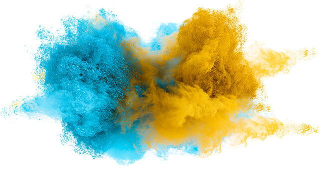 Isolated abstract vibrant explosion of blue and yellow powder dust, dynamic colorful collision