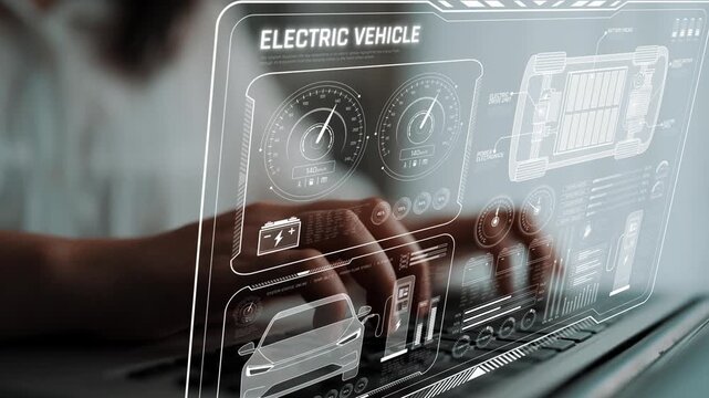 Smart interface showing electric vehicle performance, battery system, power control, charging status, and integration with renewable and grid-based energy sources Marrow