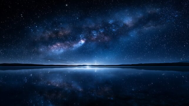 Milky way galaxy stars over a dark reflective lake at night with night sky