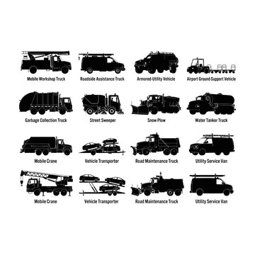 Trucks fleet silhouettes set heavy utility vehicles collection vector