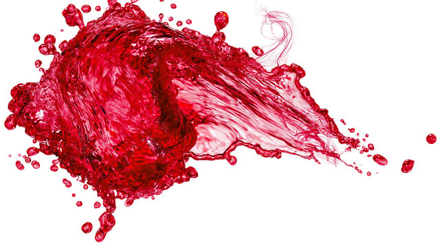 Isolated vibrant red liquid splash creating dynamic abstract shapes and drops, energetic movement