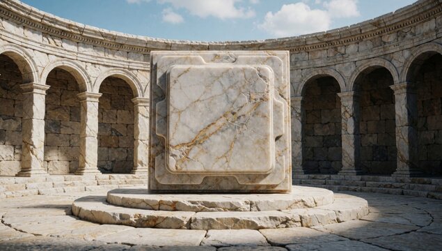 Large square-shaped marble sculpture center circular courtyard made white gold-colored pattern surface placed