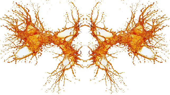 Isolated dynamic amber liquid splash frozen in mid-air with intricate droplets and fluid motion.