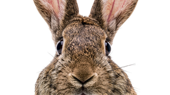 Isolated adorable bunny face portrait with long whiskers and ears looking at viewer