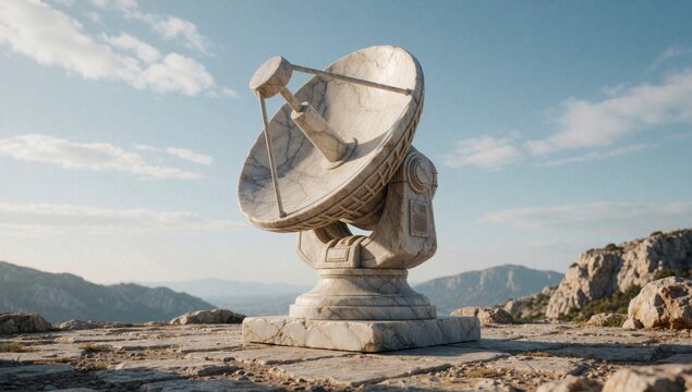 Large satellite dish rocky surface mountains background made white marble mounted pedestal has circular shape