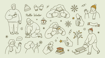 Obraz premium Hand drawn winter doodle set, cozy seasonal character illustrations, line art collection with people and snowflakes