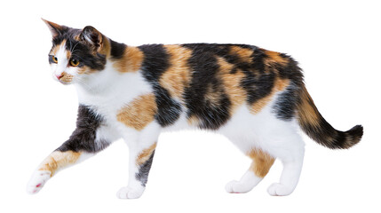 Isolated domestic calico cat with beautiful fur walking sideways, a graceful feline. © David