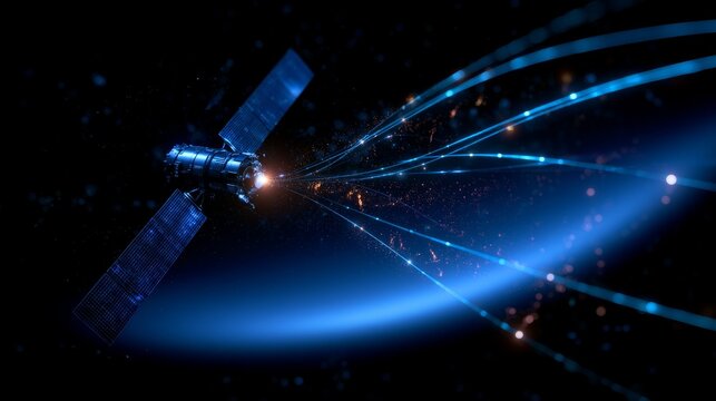 Communication satellite orbiting planet earth, connecting cities with glowing data lines